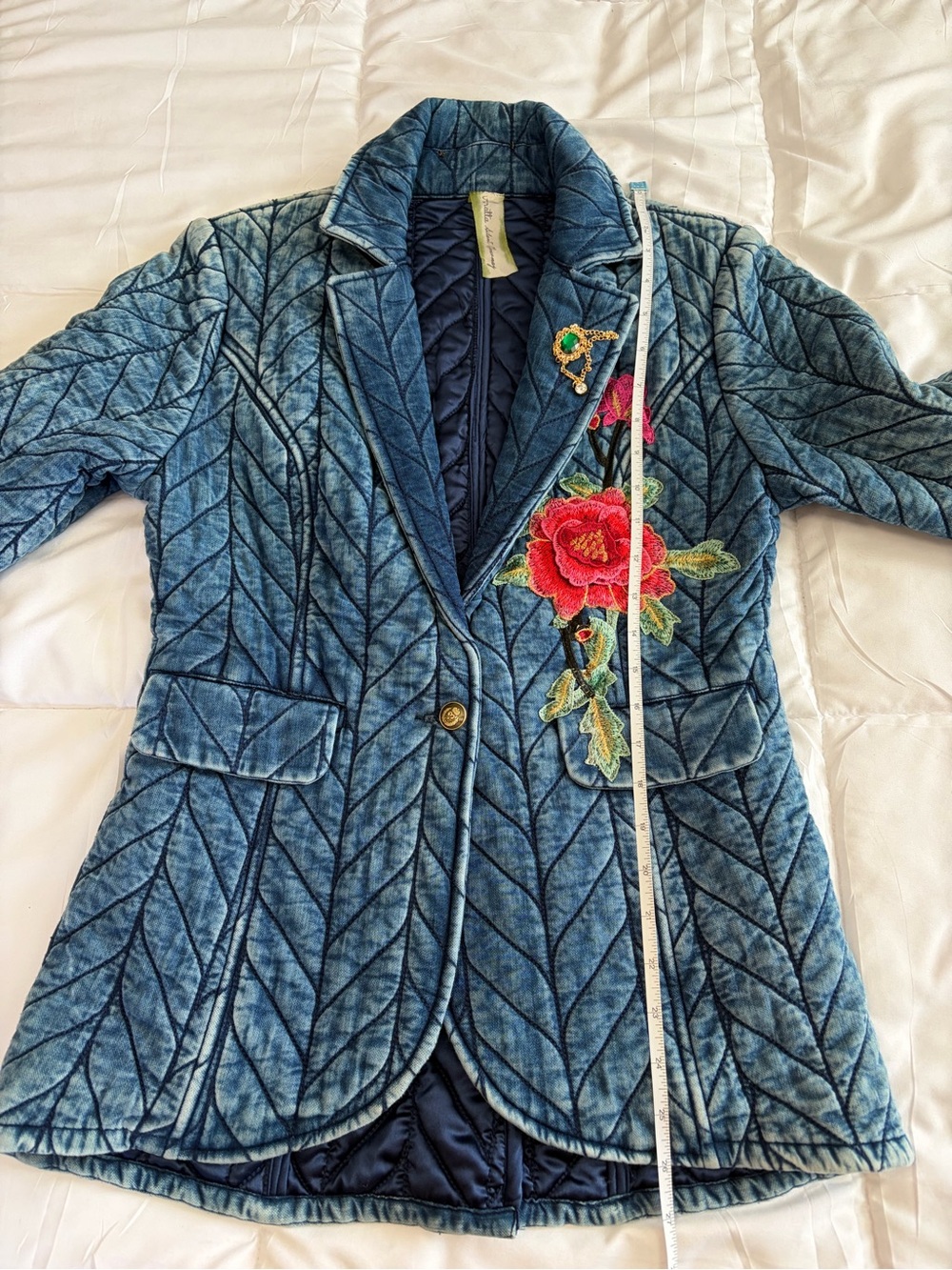 NWOT Aratta Silent Journey- Embroidered Quilted Blue Mineral Wash Blazer - Picture 10 of 16
